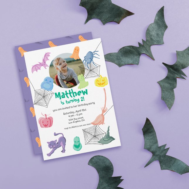 Halloween-themed birthday party invitation (Halloween-themed birthday party invitation, customizable with photo, name and party details)