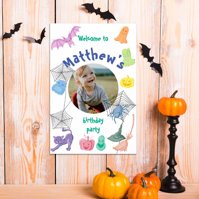 Halloween-themed Birthday party welcome poster (Halloween themed birthday party welcome sign. Customizable with photo and editable text.)