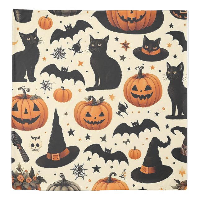 Halloween-Themed Black Cat and Pumpkin Pattern Duvet Cover (Front)