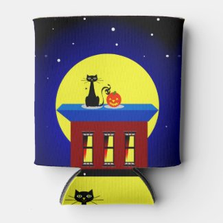 Halloween-themed Can Cooler with Black Cat/Pumpkin