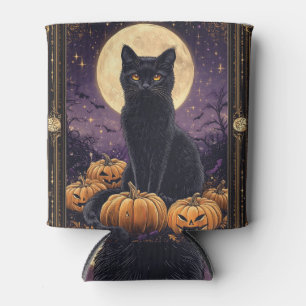Halloween themed tarot card with a black cat can cooler