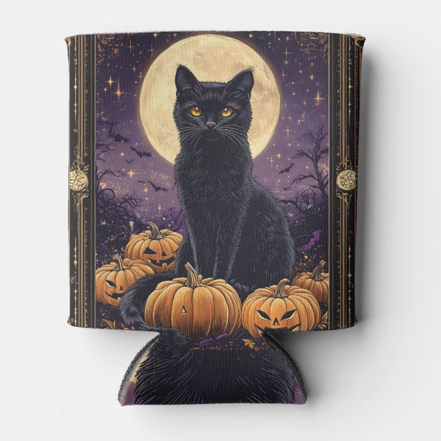 Halloween themed tarot card with a black cat can cooler (Front)