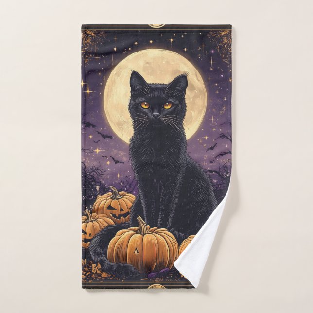 Halloween themed tarot card with a black cat hand towel  (Hand Towel)