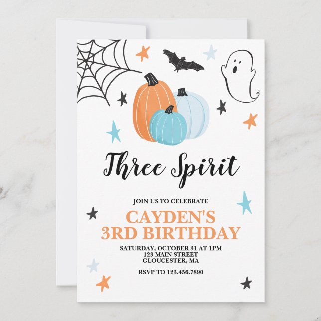 Halloween Three Spirit 3rd Birthday Blue Pumpkins Invitation (Front)