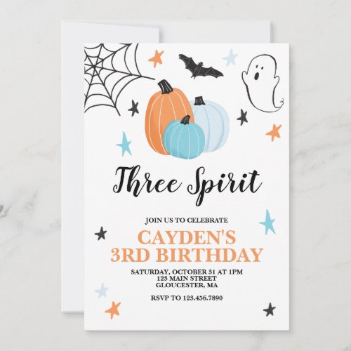 Halloween Three Spirit 3rd Birthday Blue Pumpkins Invitation