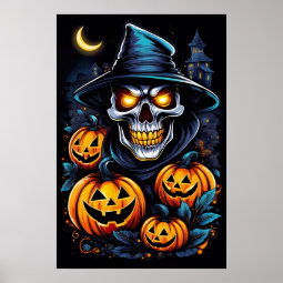 Halloween Thrills with this Glowing-Eyed Skeleton Poster | Zazzle