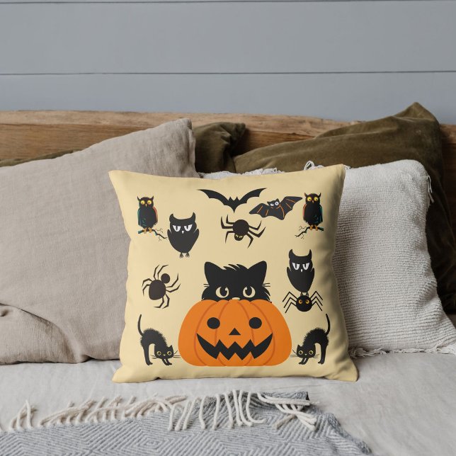 Halloween Throw Pillow Black Cat Spooky Cute Beige (Creator Uploaded)