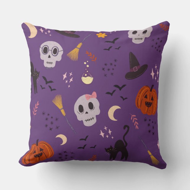 Halloween Throw Pillow – Skulls, Pumpkins, Cats (Front)