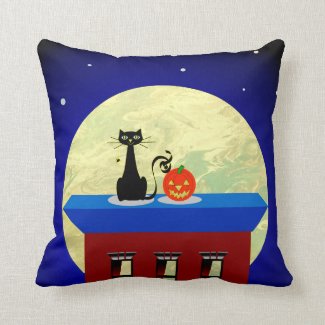 Halloween Throw Pillow with Black Cat and Pumpkin
