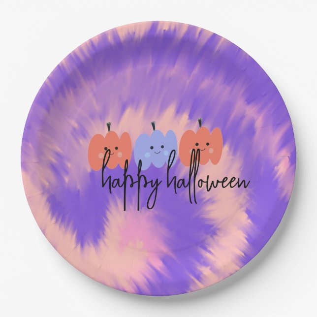 Halloween Tie Dye Pumpkin Hand Drawn   Paper Plates (Front)