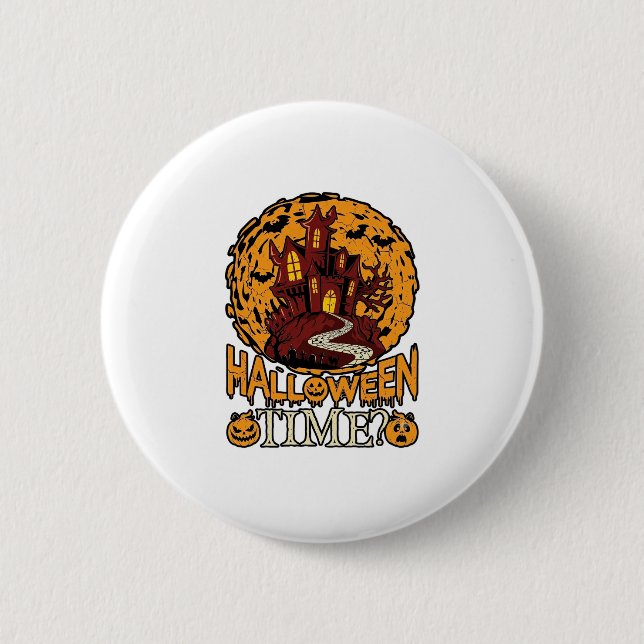 Halloween Time Haunted House Full Moon Pumpkins Button (Front)