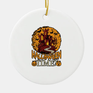 Halloween Time Haunted House Full Moon Pumpkins Ceramic Ornament