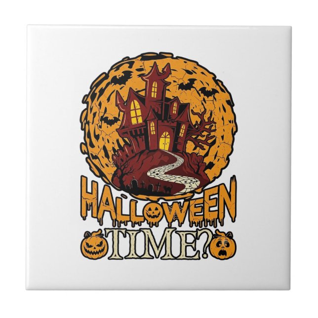 Halloween Time Haunted House Full Moon Pumpkins Ceramic Tile (Front)