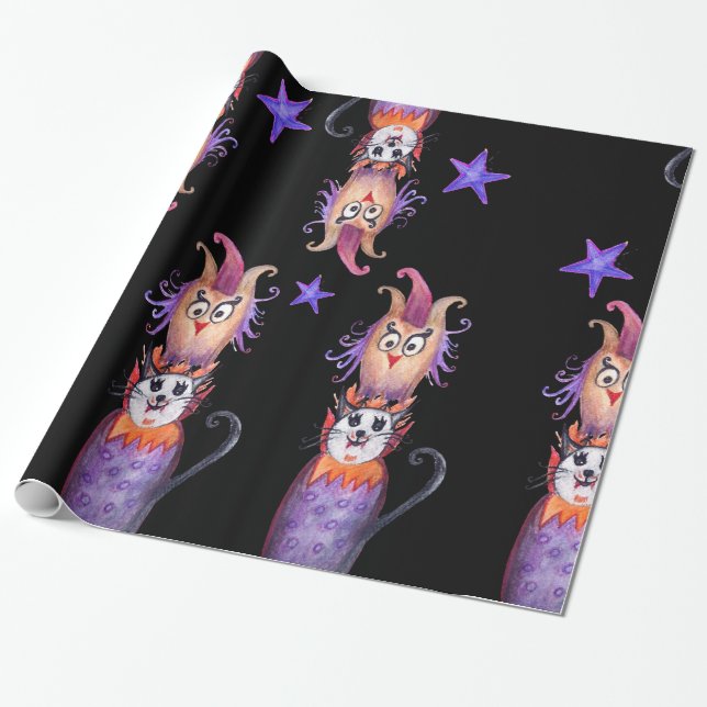 Halloween Time Owl Cat Drawing Wrapping Paper (Unrolled)