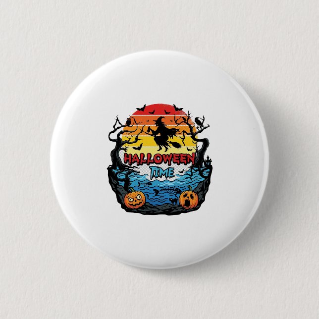 Halloween Time Witch Pumpkins Bats Sunset_1 Button (Front)