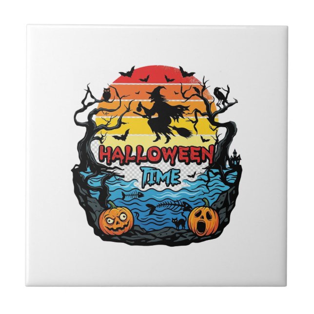 Halloween Time Witch Pumpkins Bats Sunset_1 Ceramic Tile (Front)