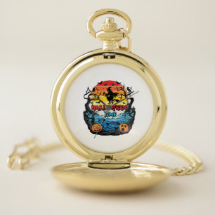 Halloween Time Witch Pumpkins Bats Sunset_1 Pocket Watch