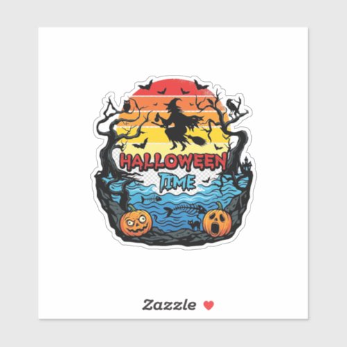 Halloween Time Witch Pumpkins Bats Sunset_1 Sticker