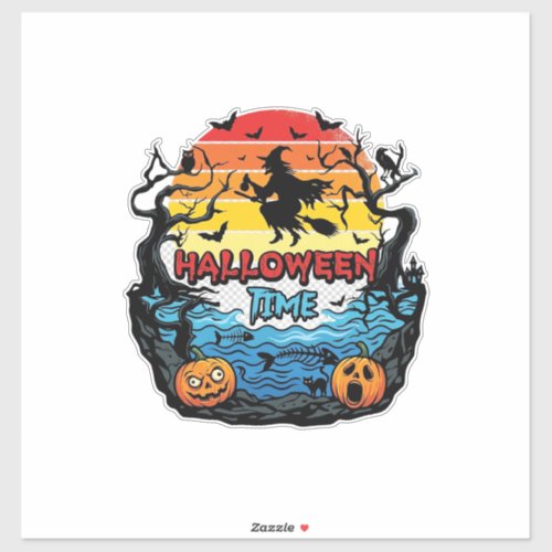 Halloween Time Witch Pumpkins Bats Sunset_1 Sticker