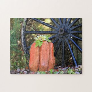 Halloween Time Wood Carved Pumpkin and Wagon Wheel