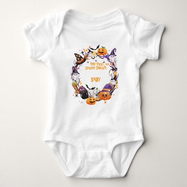 Halloween Tiny Feet, Spooky Sweet Baby Shower  Baby Bodysuit (Front)