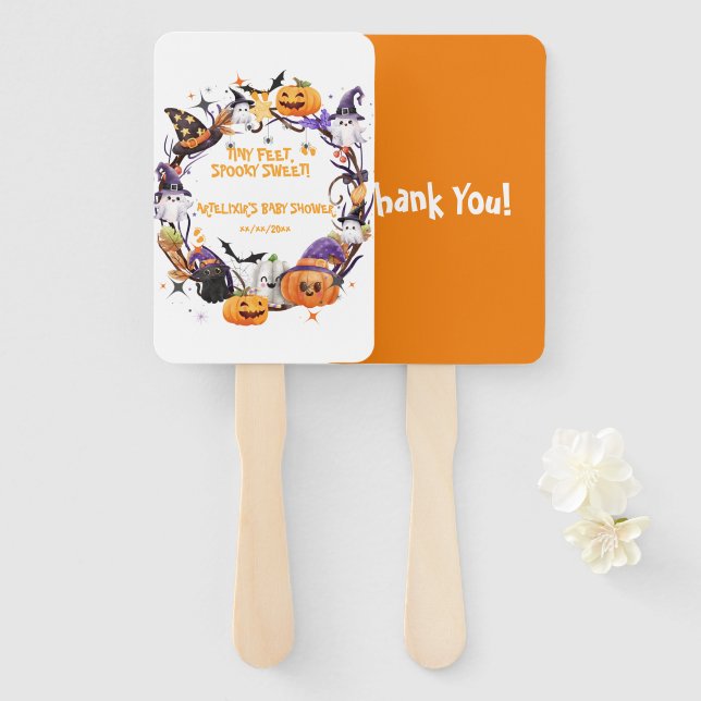 Halloween Tiny Feet, Spooky Sweet Baby Shower  Hand Fan (Front and Back)