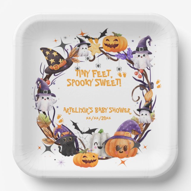 Halloween Tiny Feet, Spooky Sweet Baby Shower  Paper Plates (Front)