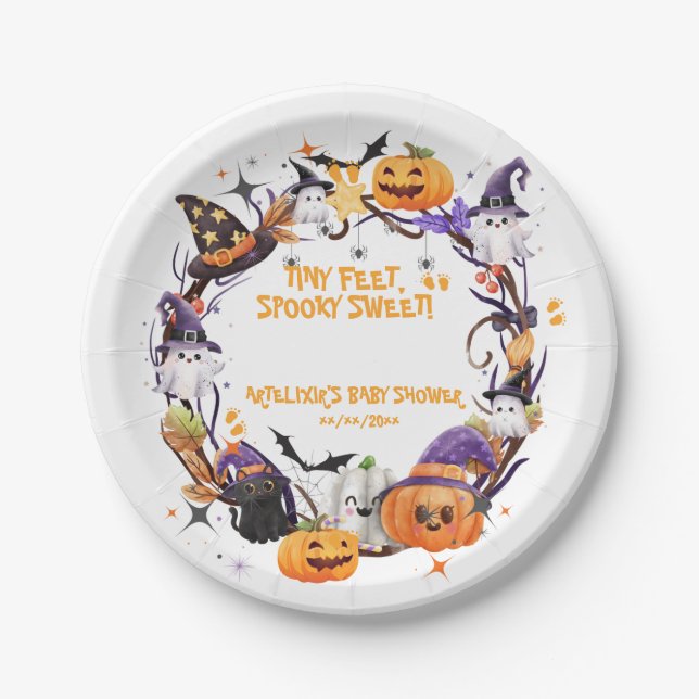 Halloween Tiny Feet, Spooky Sweet Baby Shower  Paper Plates (Front)