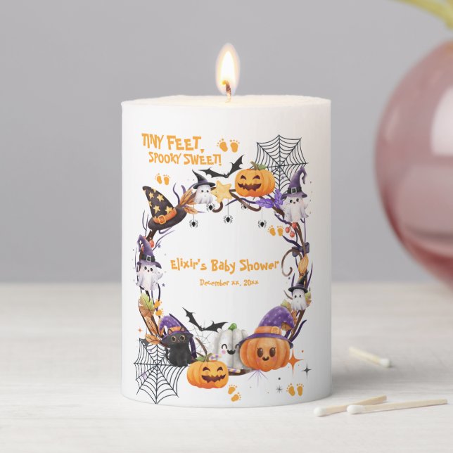 Halloween Tiny Feet, Spooky Sweet Baby Shower Pillar Candle (In Situ)