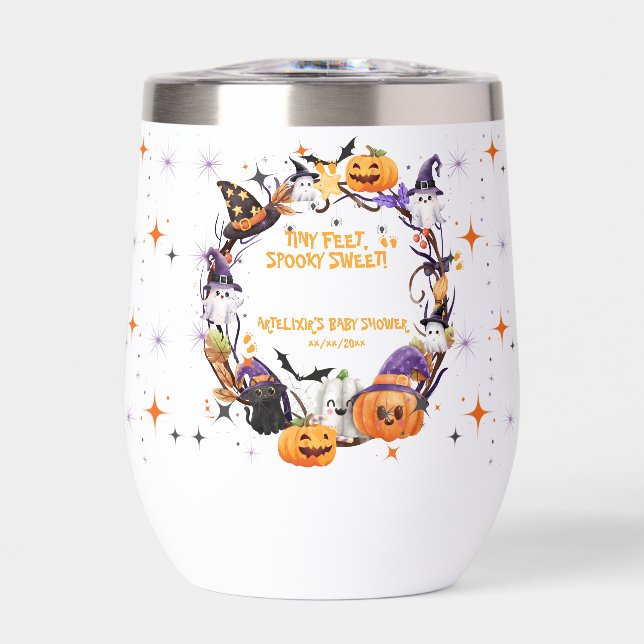 Halloween Tiny Feet, Spooky Sweet Baby Shower  Thermal Wine Tumbler (Front)