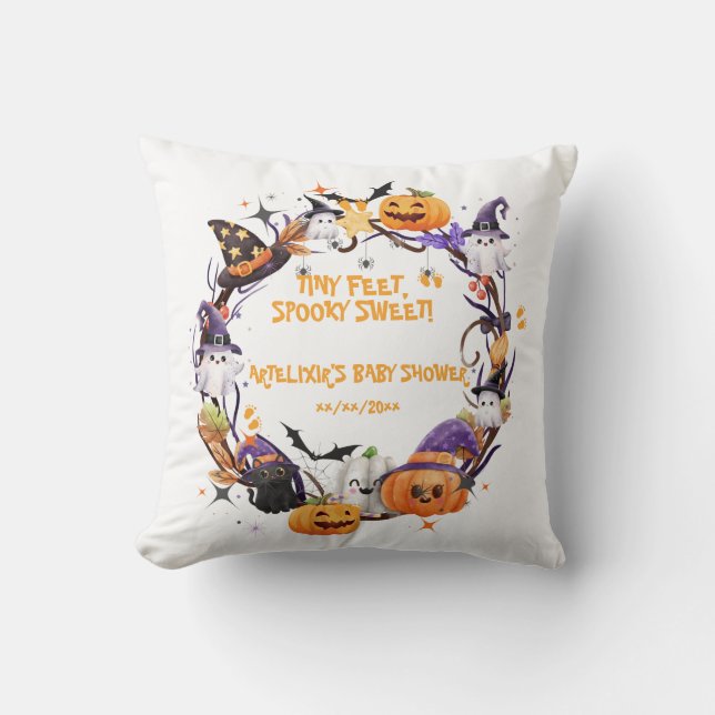 Halloween Tiny Feet, Spooky Sweet Baby Shower  Throw Pillow (Front)