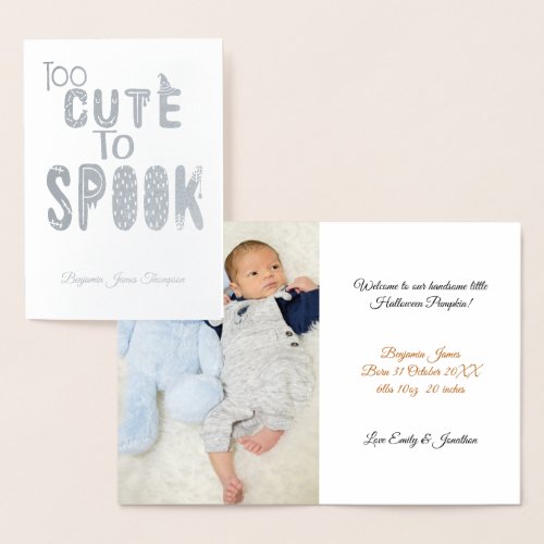 Halloween Too Cute Spook Photo Baby Boy Announce Foil Card