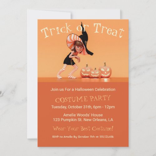 Halloween Toon Girl with Pumpkins Invitation