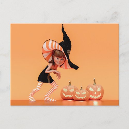 Halloween Toon Girl with Pumpkins Postcard