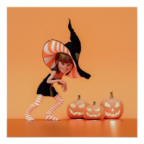 Halloween Toon Girl with Pumpkins Poster