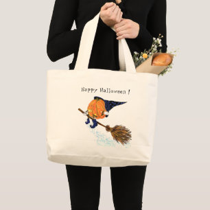 Halloween Tote Bag Witch Pumpkin Flying Broom