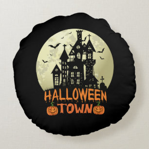 Halloween Town – Haunted House - Full Moon Round Pillow
