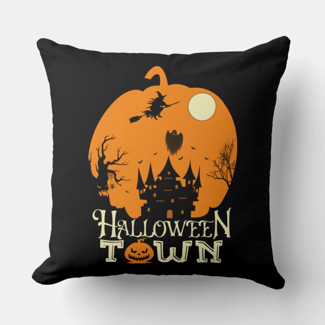 Halloween Town – Haunted House - Pumpkin & Moon Throw Pillow (Front)