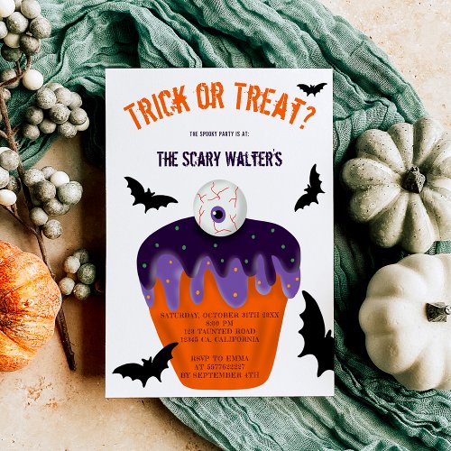 Halloween treat or trick  eyeball cupcake party invitation