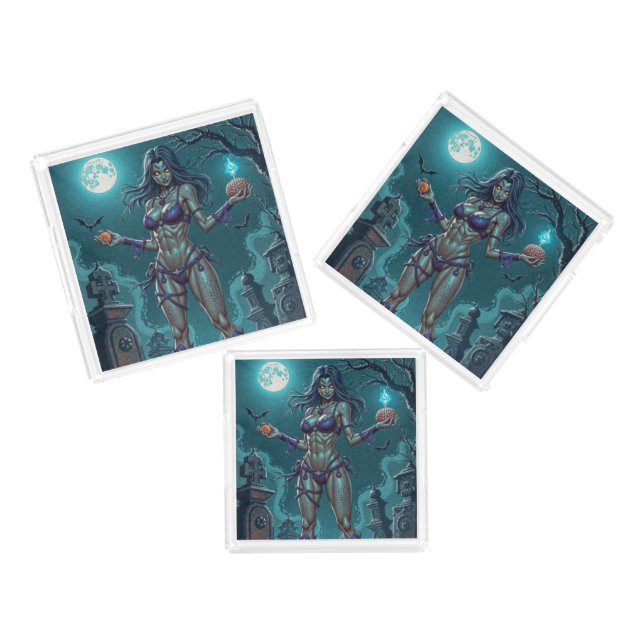 Halloween Treat or Zombie Girlfriend w Brains Acrylic Tray (Set)