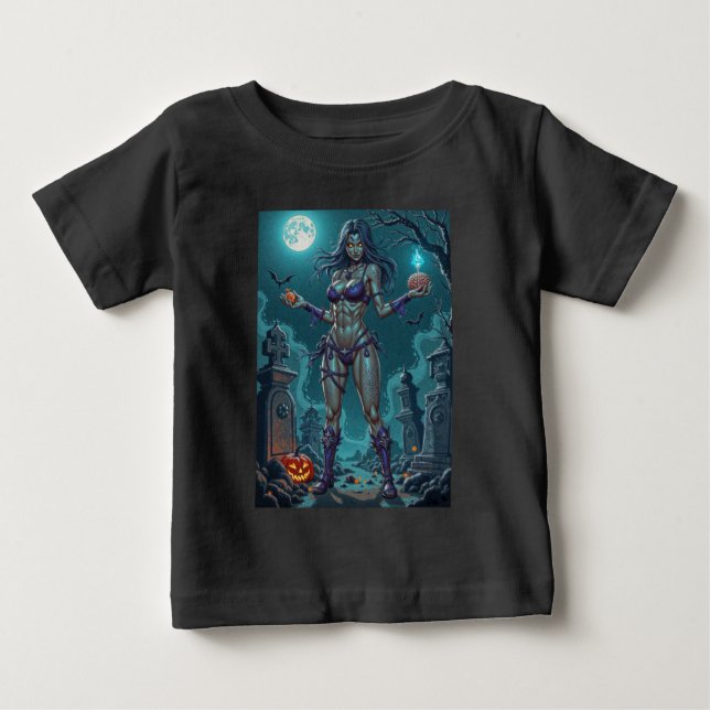 Halloween Treat or Zombie Girlfriend w Brains Baby T-Shirt (Front)