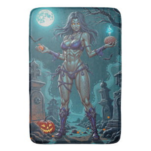 Halloween Treat or Zombie Girlfriend w Brains Bath Mat