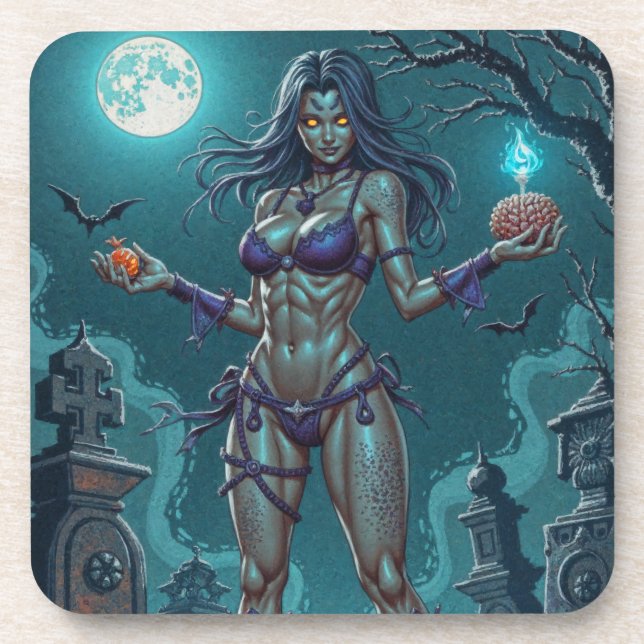 Halloween Treat or Zombie Girlfriend w Brains Beverage Coaster (Front)