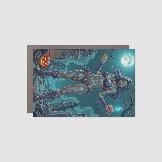 Halloween Treat or Zombie Girlfriend w Brains Car Magnet (Front)