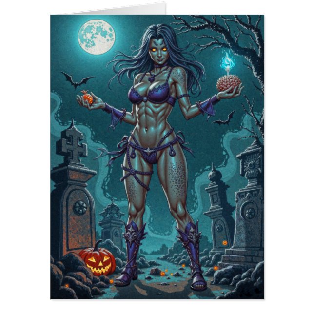 Halloween Treat or Zombie Girlfriend w Brains Card (Front)