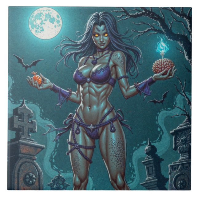 Halloween Treat or Zombie Girlfriend w Brains Ceramic Tile (Front)