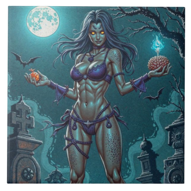 Halloween Treat or Zombie Girlfriend w Brains Ceramic Tile (Front)