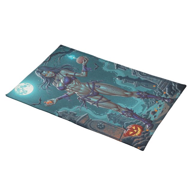 Halloween Treat or Zombie Girlfriend w Brains Cloth Placemat (On Table)