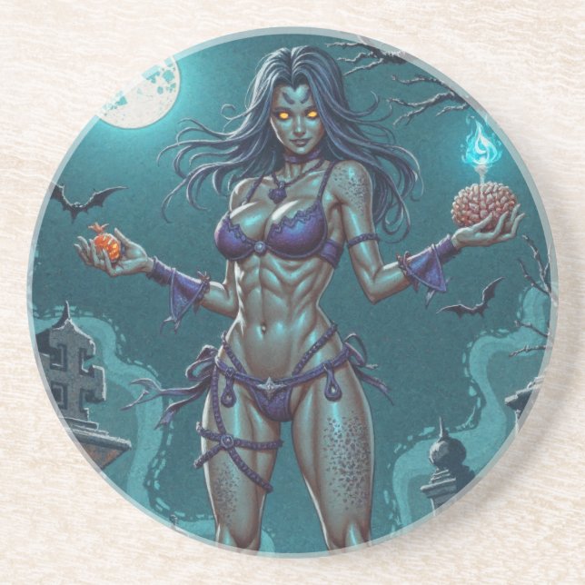Halloween Treat or Zombie Girlfriend w Brains Coaster (Front)