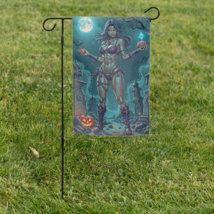 Halloween Treat or Zombie Girlfriend w Brains Garden Flag